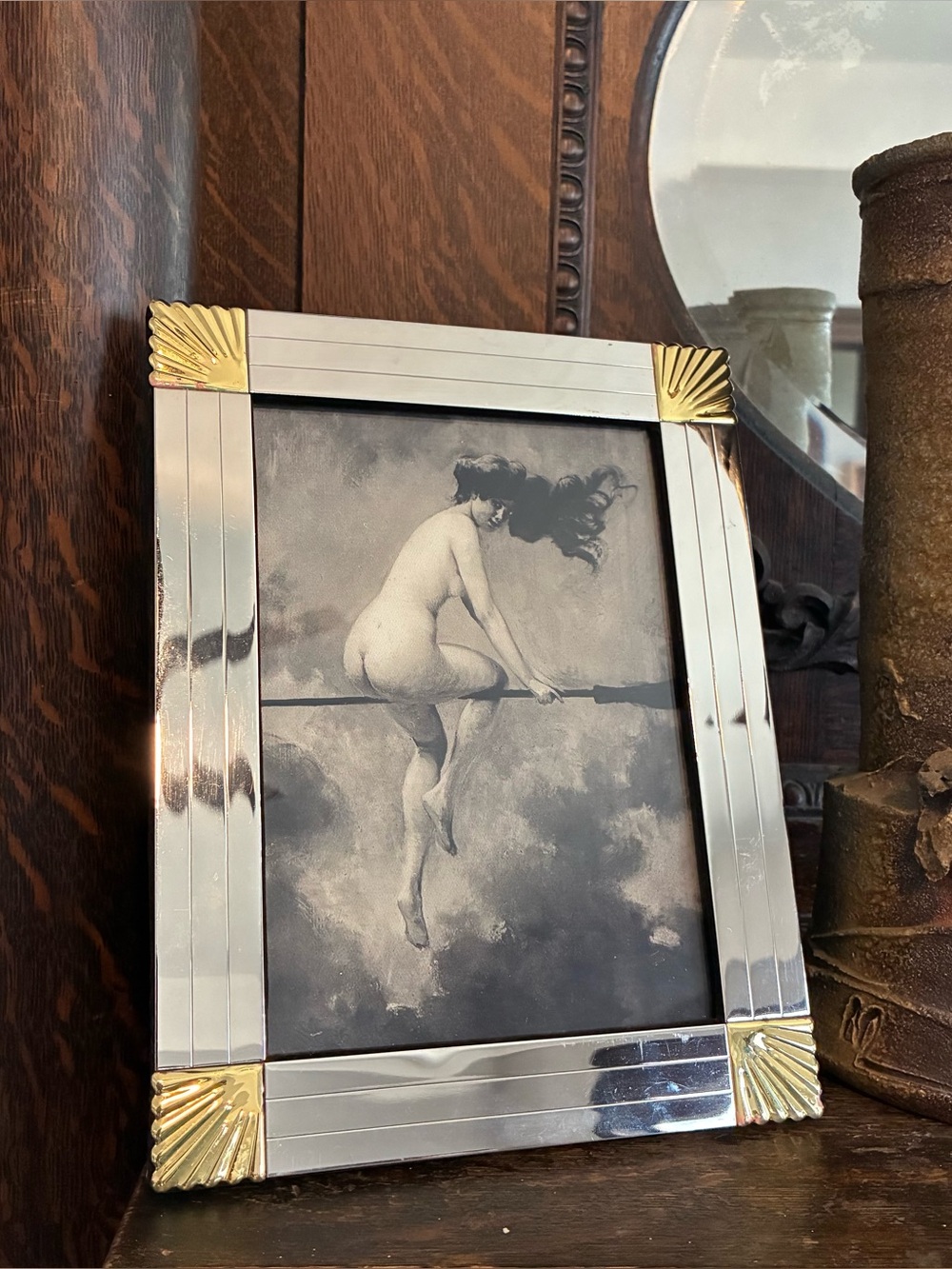 Vintage Jennifer Moore Silver Gold Tone Art Deco Photo Frame Halloween Art 6.75"